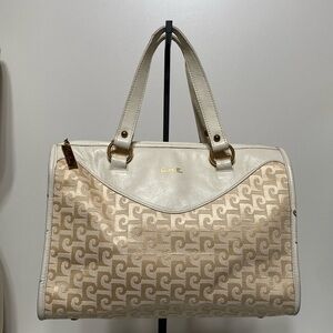 Vintage Pierre Cardin 1970’s Monogram Canvas and Leather Satchel Purse in Ivory